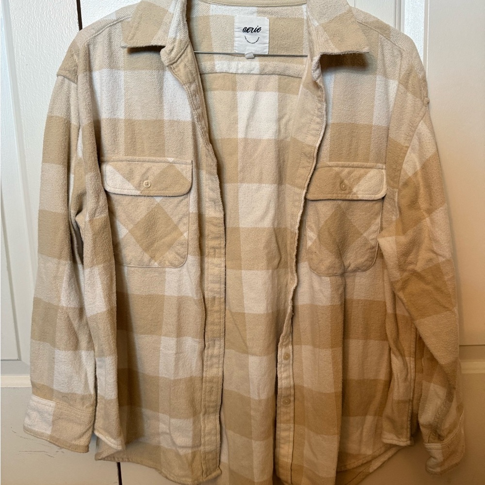 Aerie Beige and White Plaid Flannel